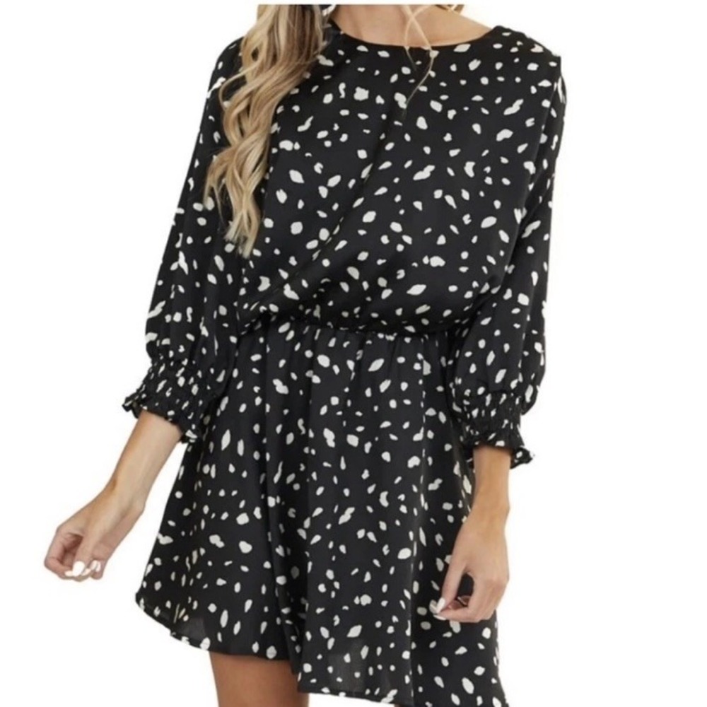 Umgee Dalmatian Dot Mini Dress Black‎ White Dolman Sleeve L5787 Womens Large